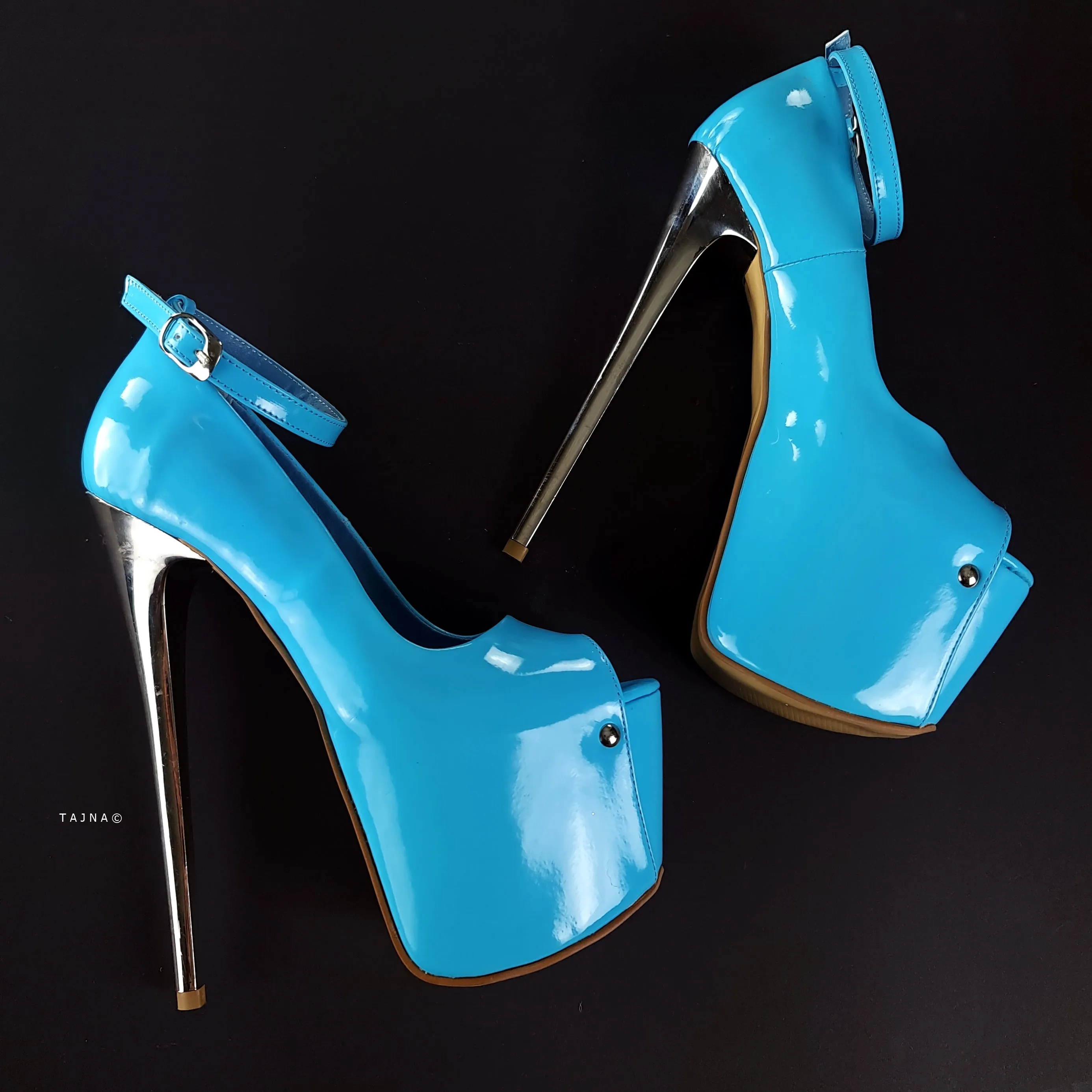 Baby Blue Gloss Ankle Strap Metallic High Heels