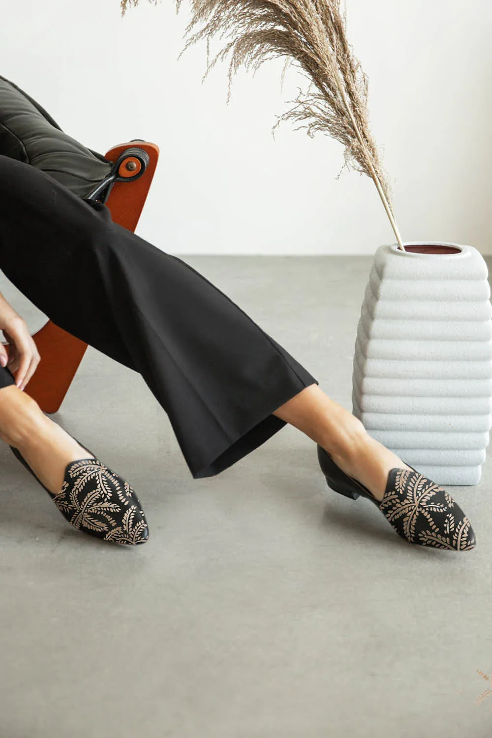 Beige Abstract Palms Black Loafer