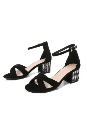 Black Cross Ankle Strappy Chunky Heel Sandal