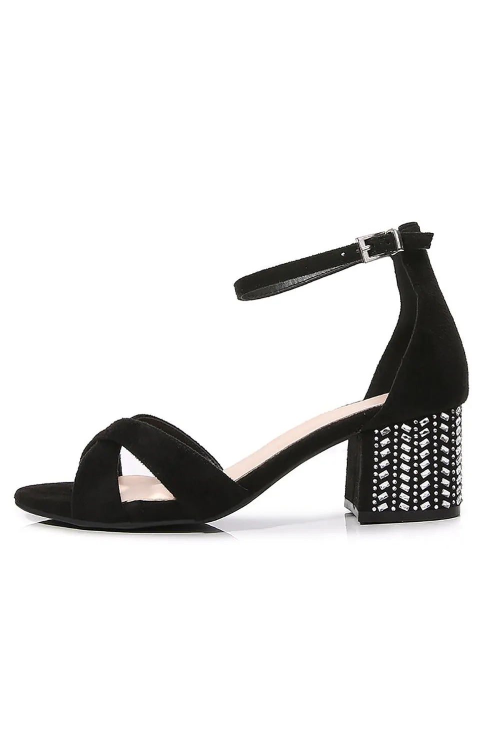 Black Cross Ankle Strappy Chunky Heel Sandal