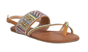 Dazzling Rhinestone Toe Ring Slingback Flat Vegan Leather Sandal