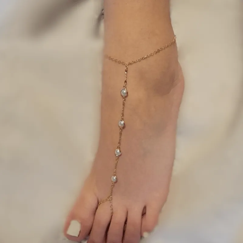 Gold Pearl Anklet Toe Ring Barefoot Sandal Anklet