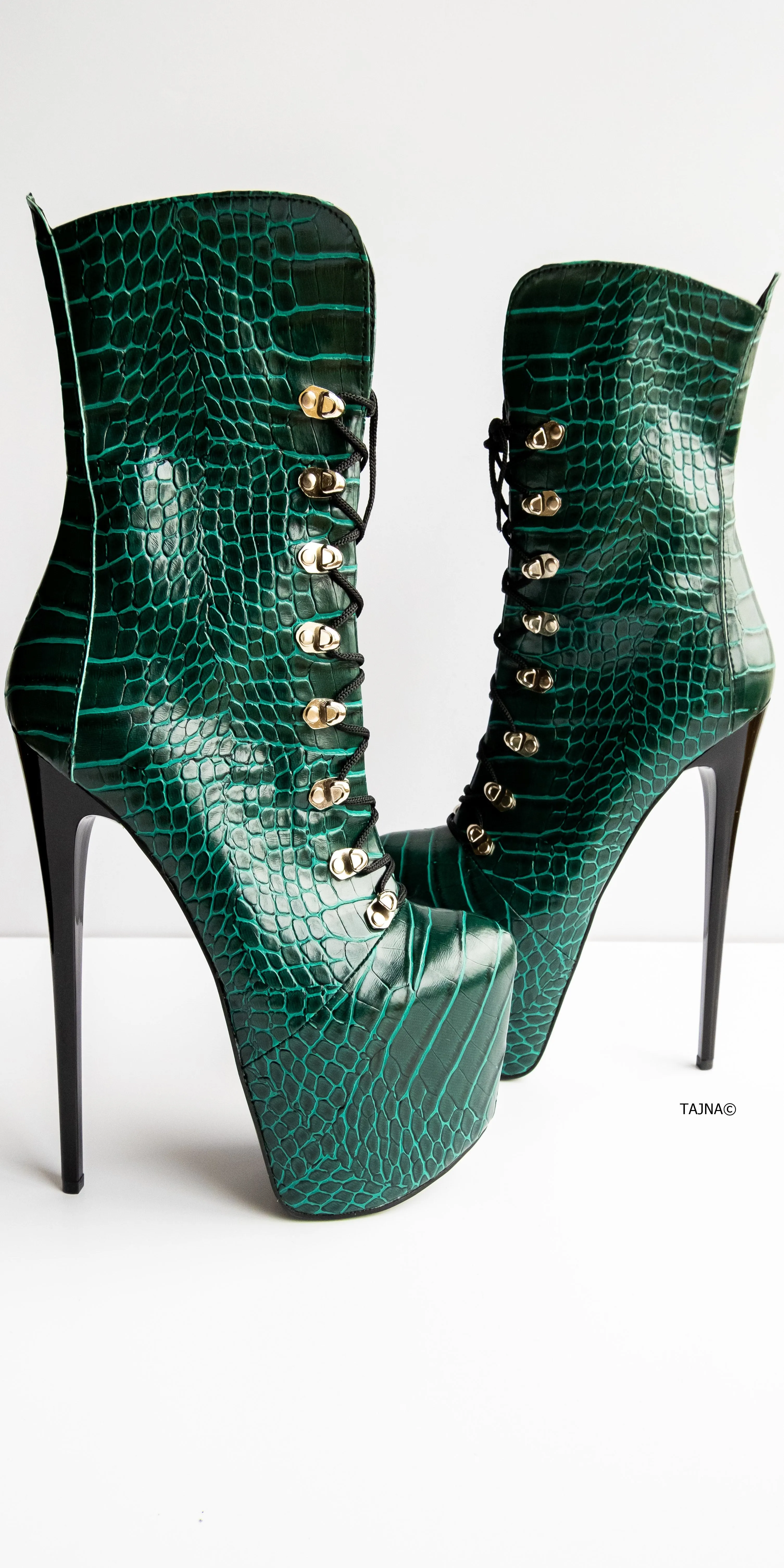 Green Croco Lace Up Military Syle Ankle Boots