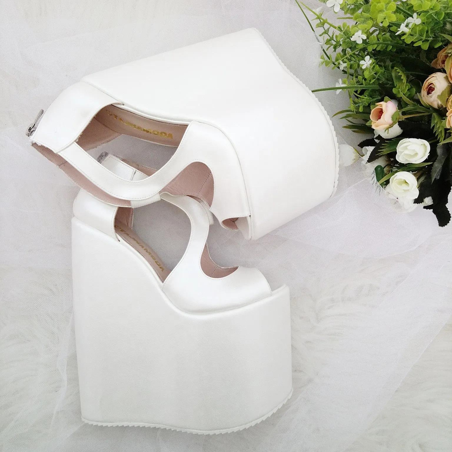 Ivory White Slit Wedding Platform Wedge Shoes 21 cm