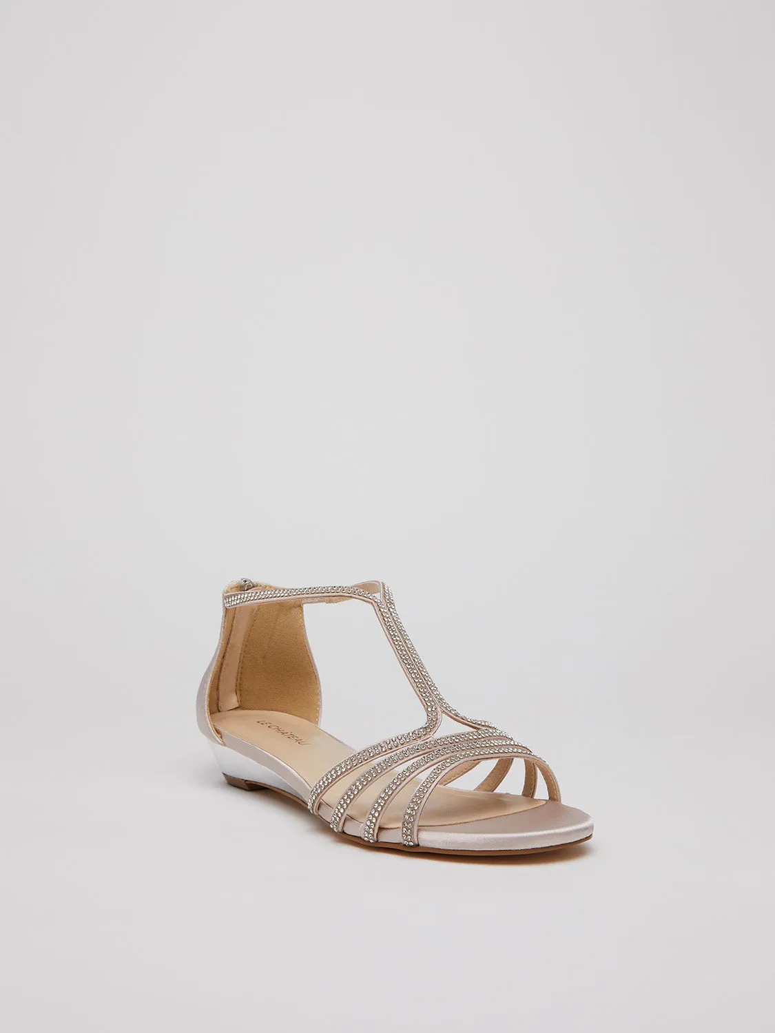 Jewelled Satin Round Toe T-Strap Wedge Sandal