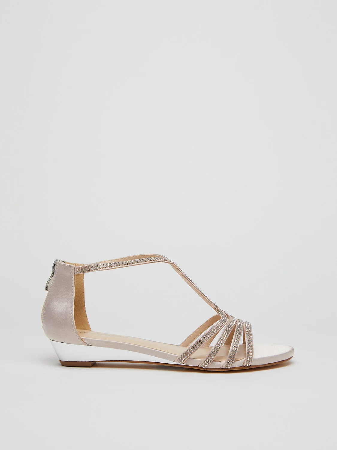 Jewelled Satin Round Toe T-Strap Wedge Sandal