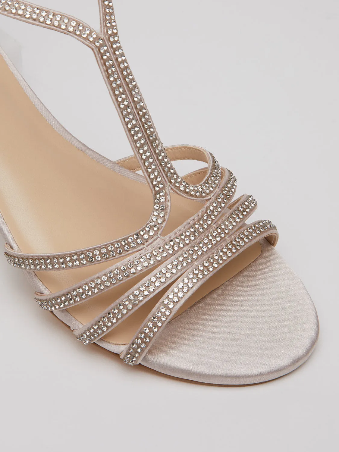 Jewelled Satin Round Toe T-Strap Wedge Sandal