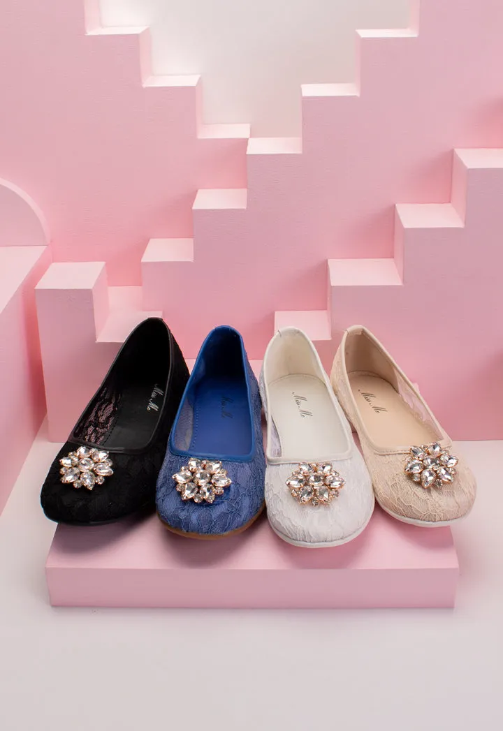 Lace Rhinestone Brooch Flat Shoes