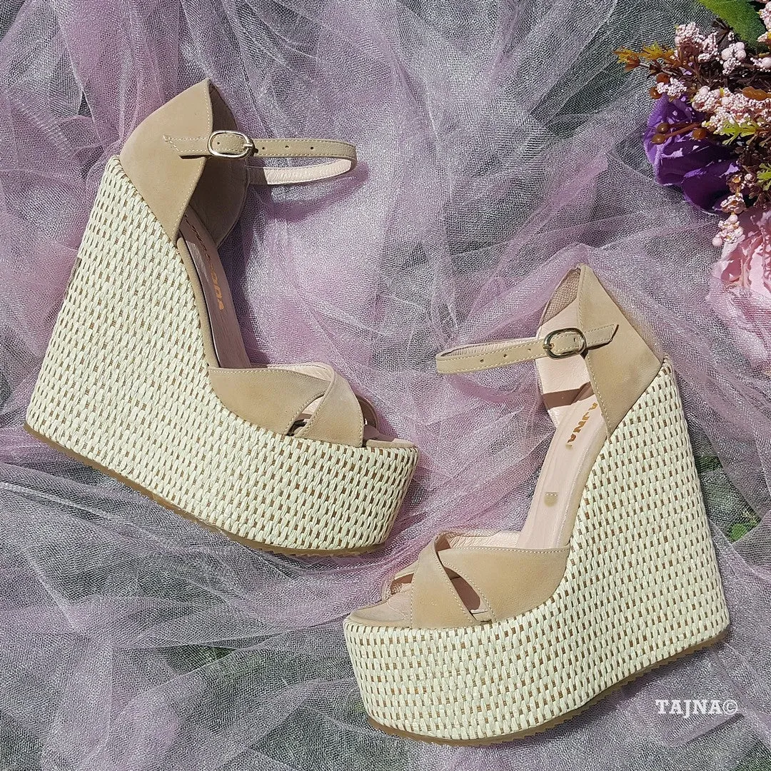 Light Brown Peep Toe Platform Wedge Sandals