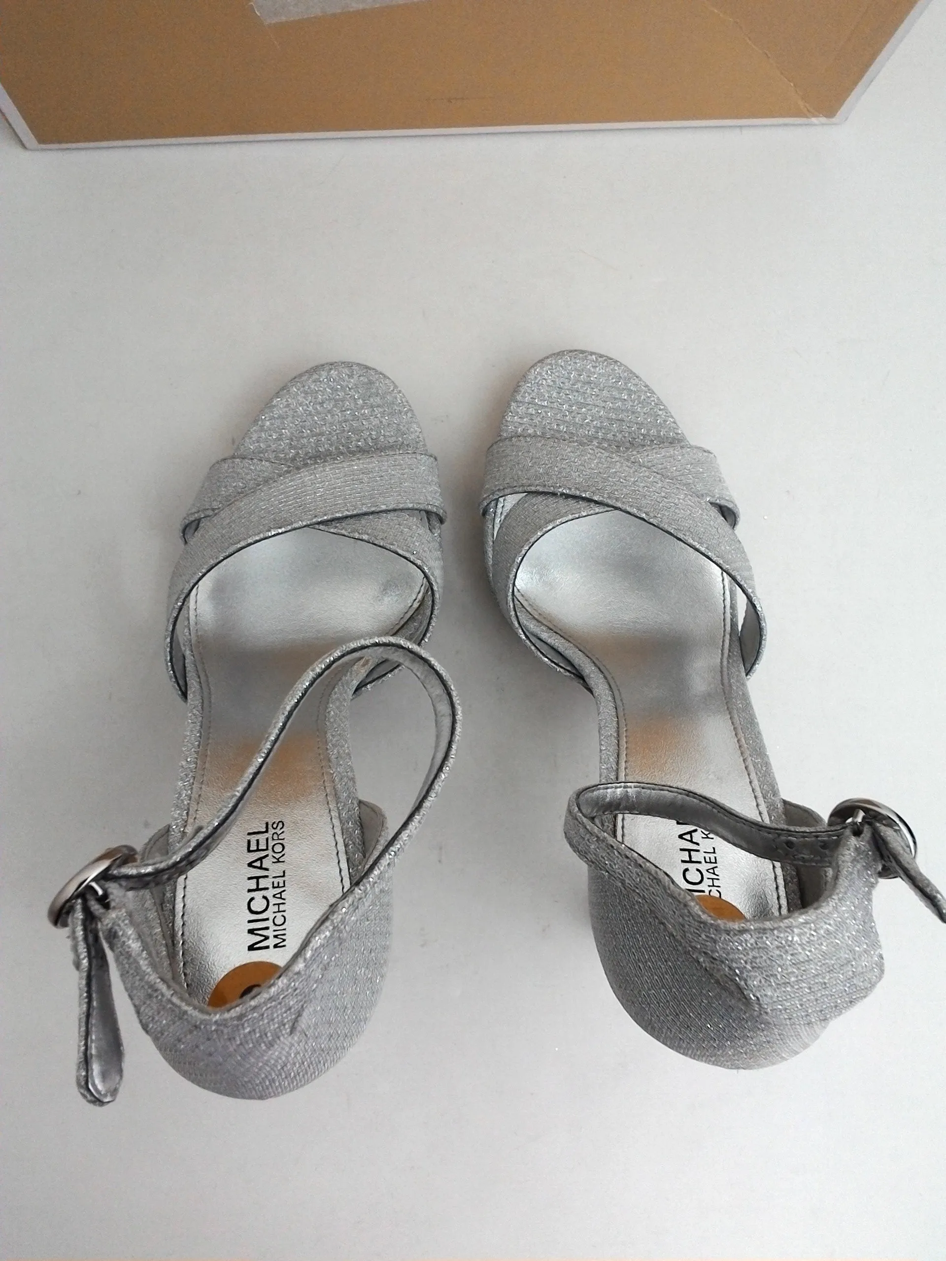 Michael Kors Women's Alexia Sandal Glitter Silver Heeled Sandal Size 6 M