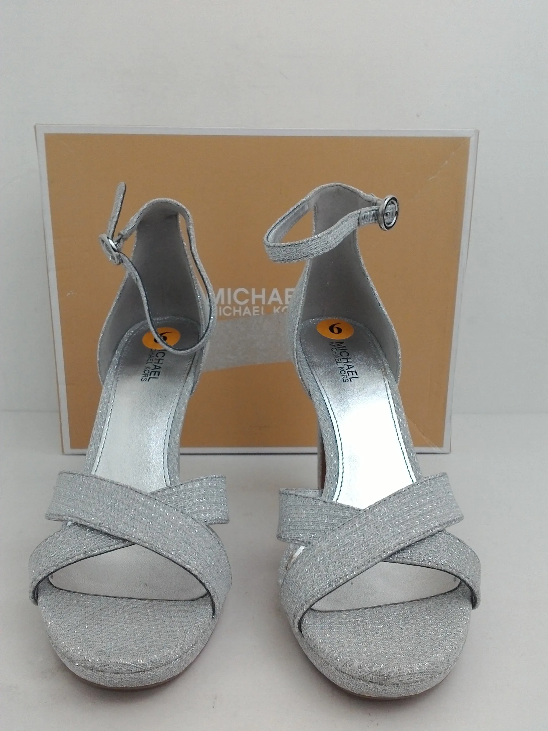 Michael Kors Women's Alexia Sandal Glitter Silver Heeled Sandal Size 6 M