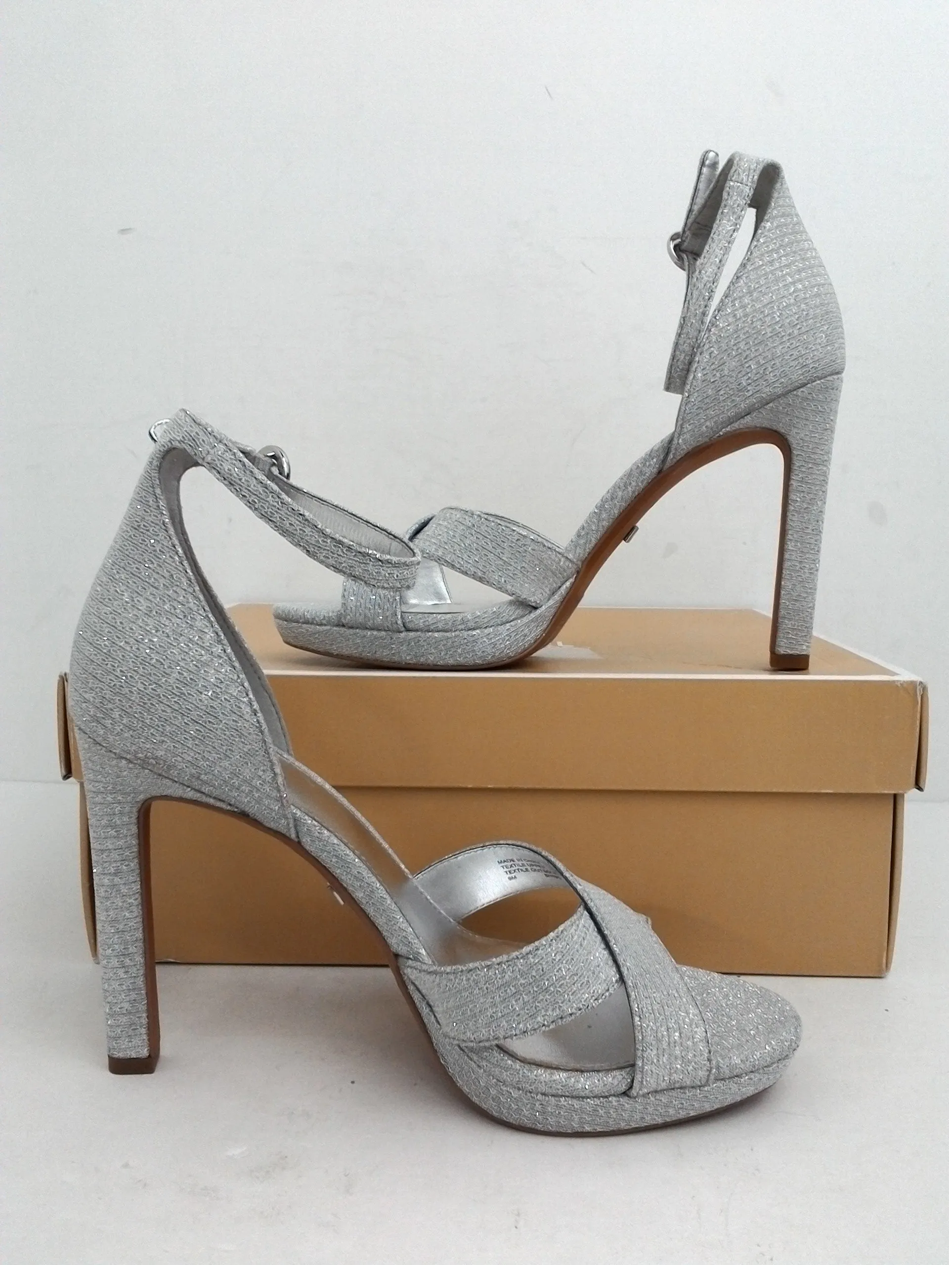 Michael Kors Women's Alexia Sandal Glitter Silver Heeled Sandal Size 6 M