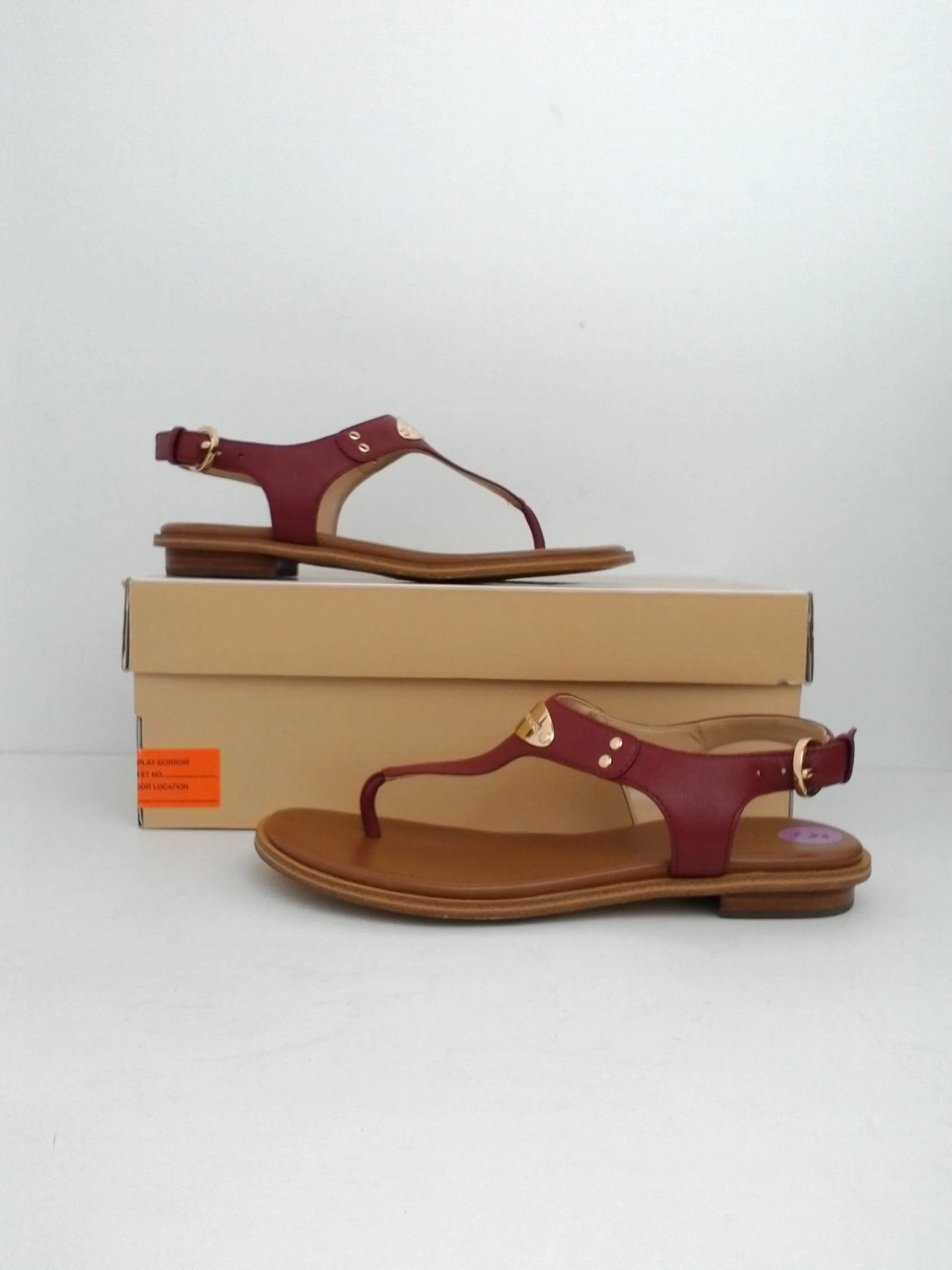 Michael Kors Women's Burnt Red MK Plate Thong Leather Sandal Size 5M