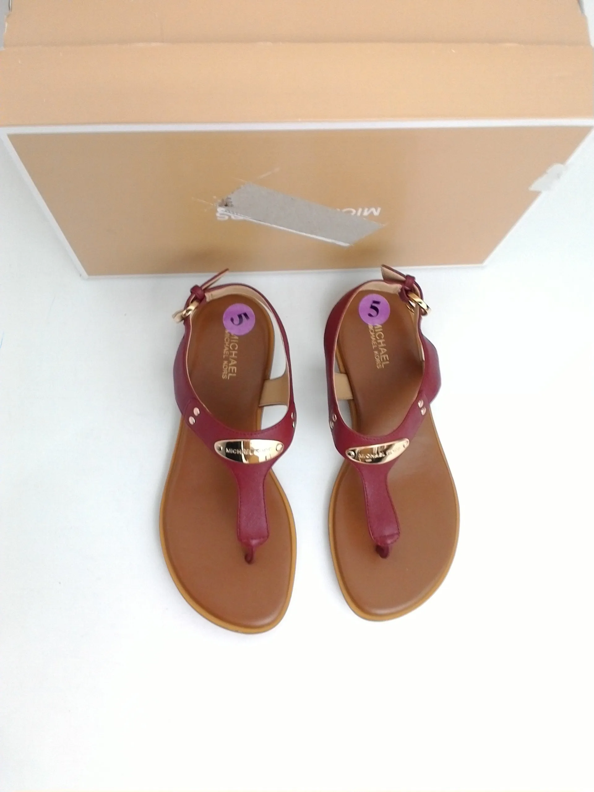 Michael Kors Women's Burnt Red MK Plate Thong Leather Sandal Size 5M