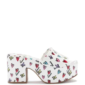 Miso Platform Sandal In White Heart Printed Leather