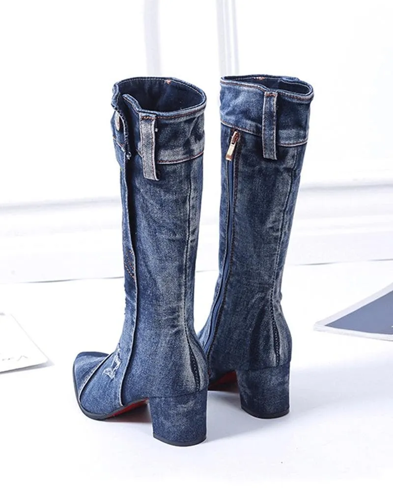 Pointed Toe Denim Zipper Boots