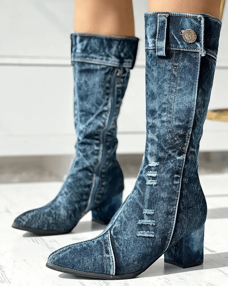 Pointed Toe Denim Zipper Boots