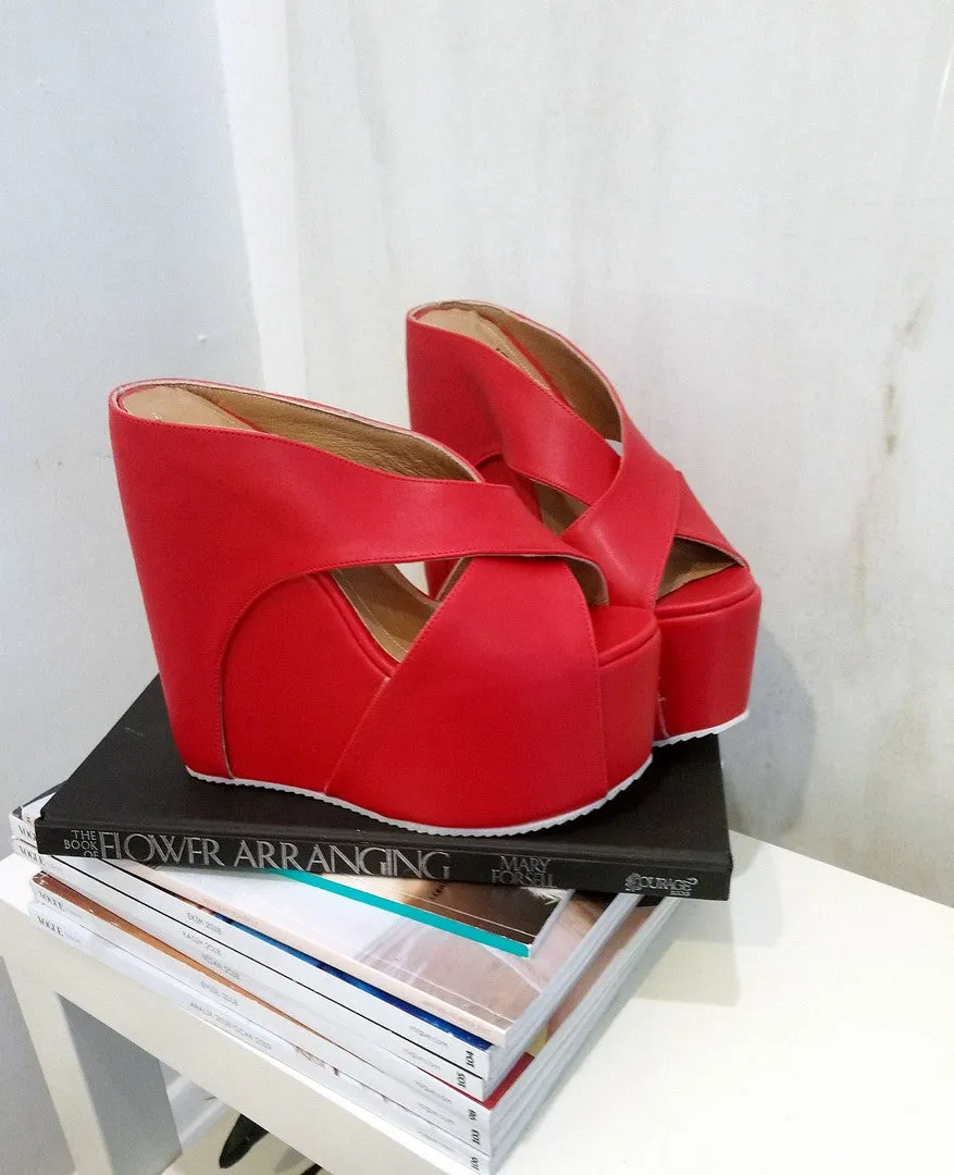 Red Cross High Heel Wedge Platform Mules