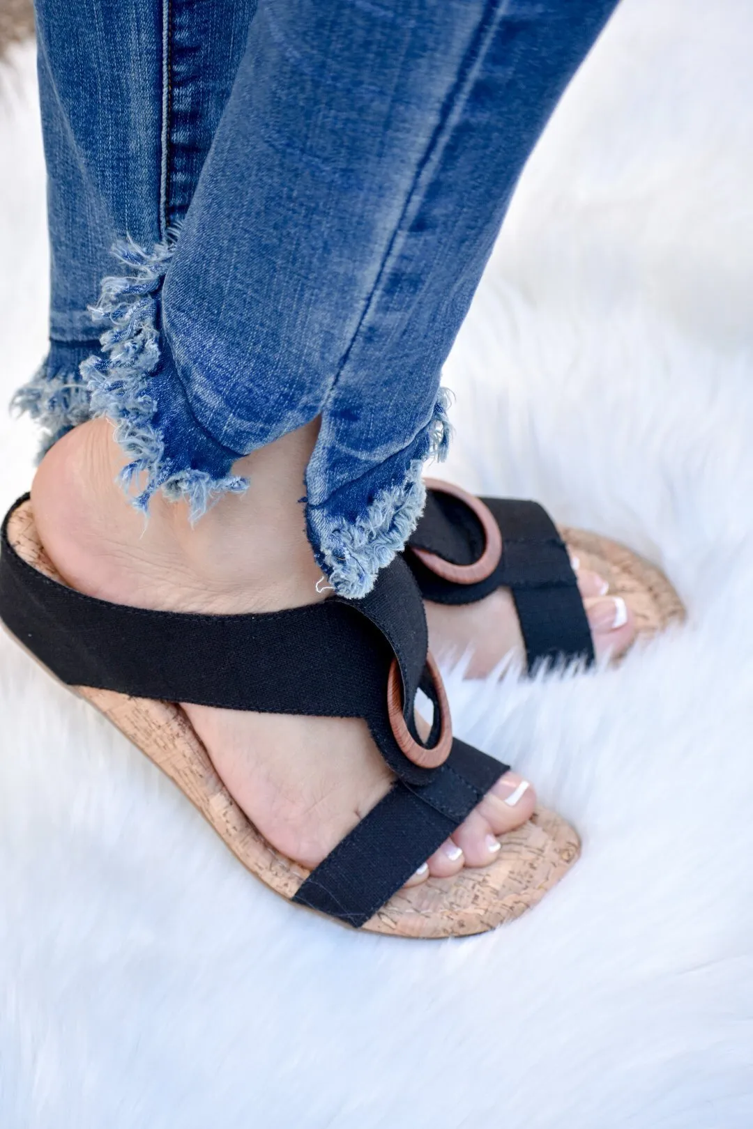 Stacie Black Linen Wedge Sandal